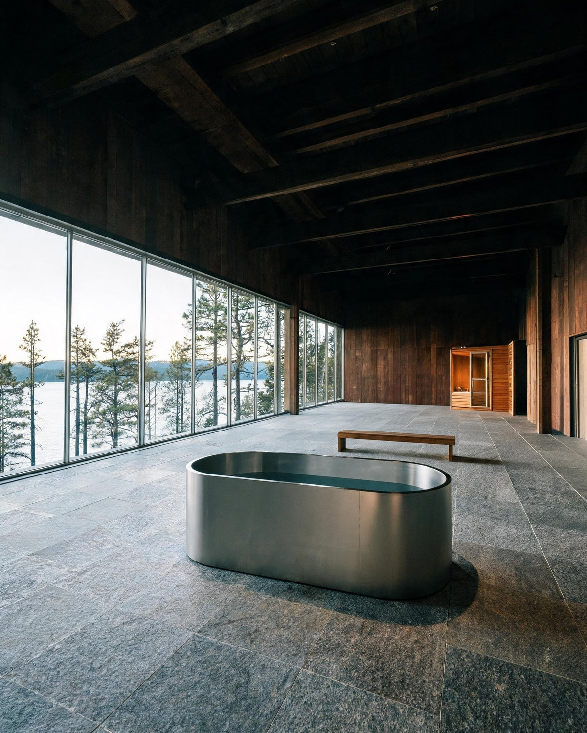 OBLONG vessel in Satin Steel on a stone floor in a timber room with glass walls onto a lake and pines