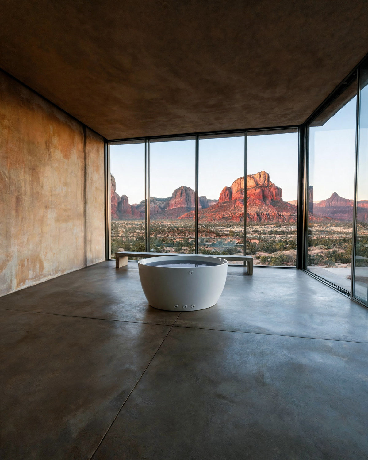 LUNA round vessel in white acrylic in a plaster room with glass walls onto red rock buttes, morning