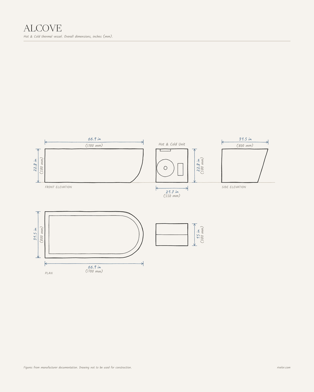 ALCOVE dimensions: front, side and plan views, 66.9 × 31.5 × 22.8 in