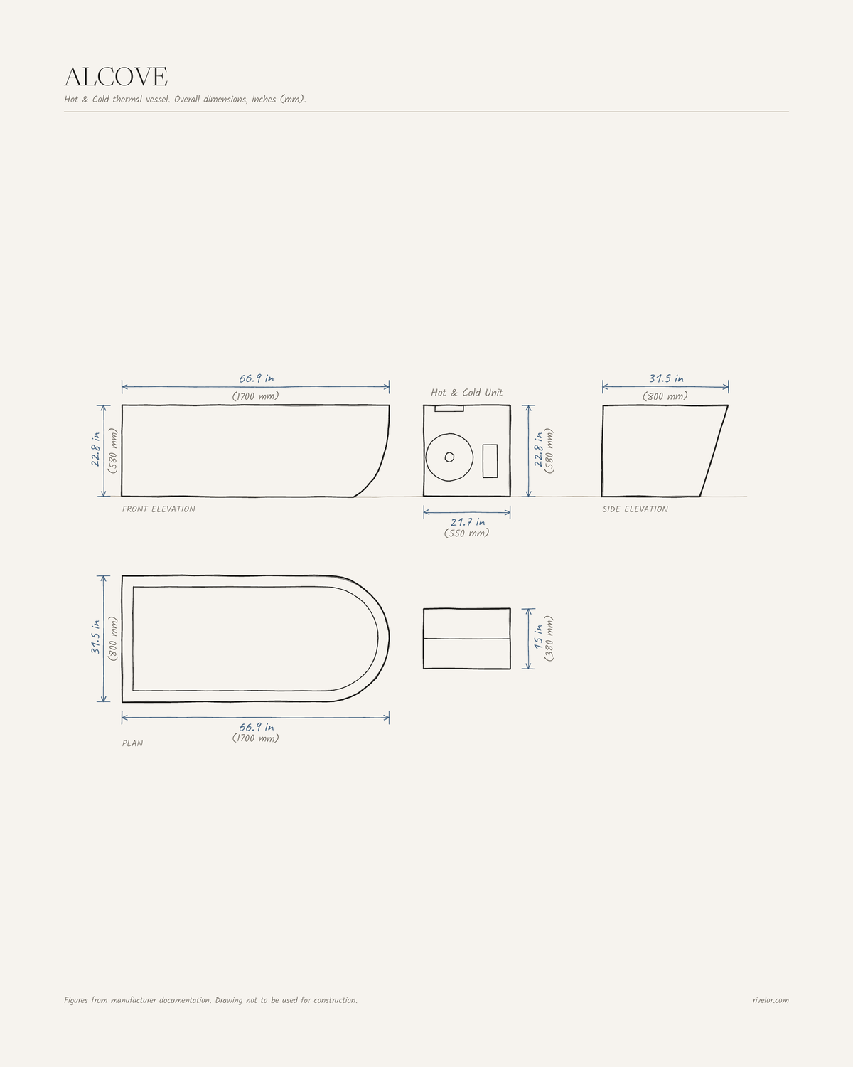 ALCOVE dimensions: front, side and plan views, 66.9 × 31.5 × 22.8 in