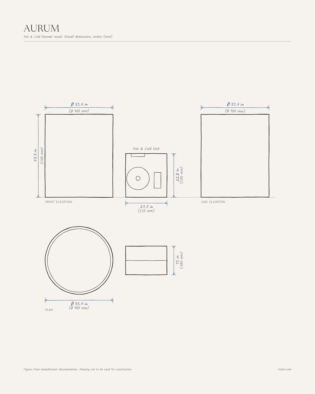 AURUM dimensions: front, side and plan views, Ø 35.4 × 43.3 in