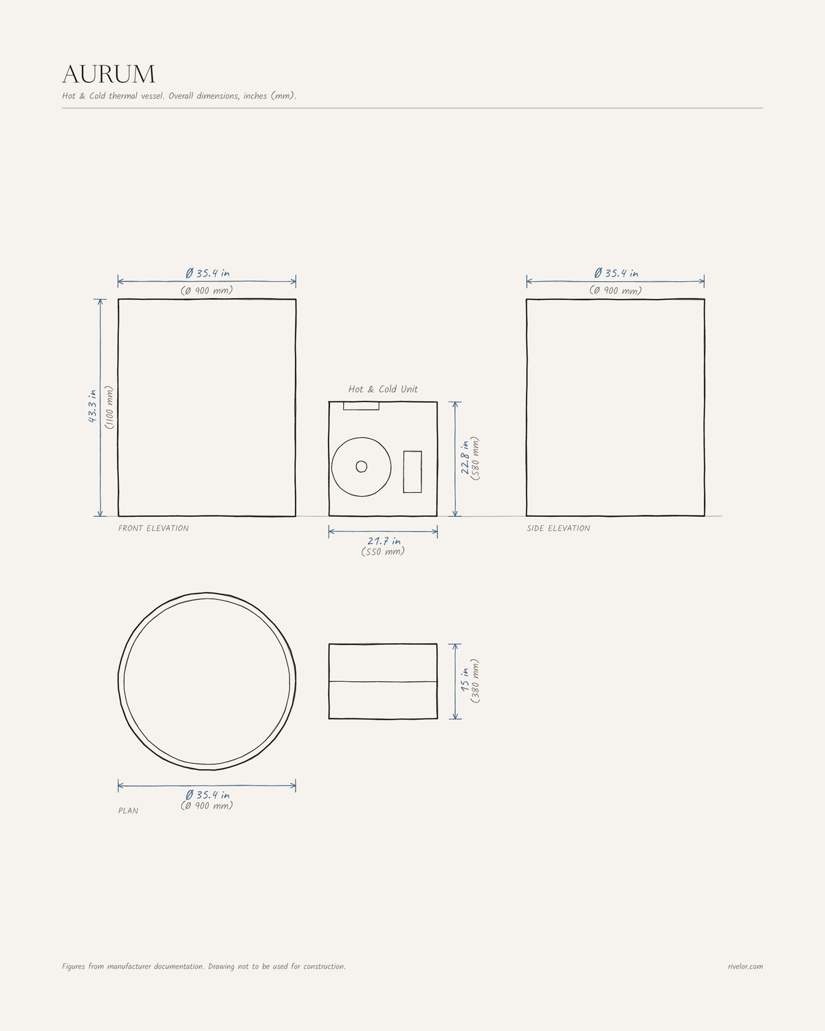 AURUM dimensions: front, side and plan views, Ø 35.4 × 43.3 in