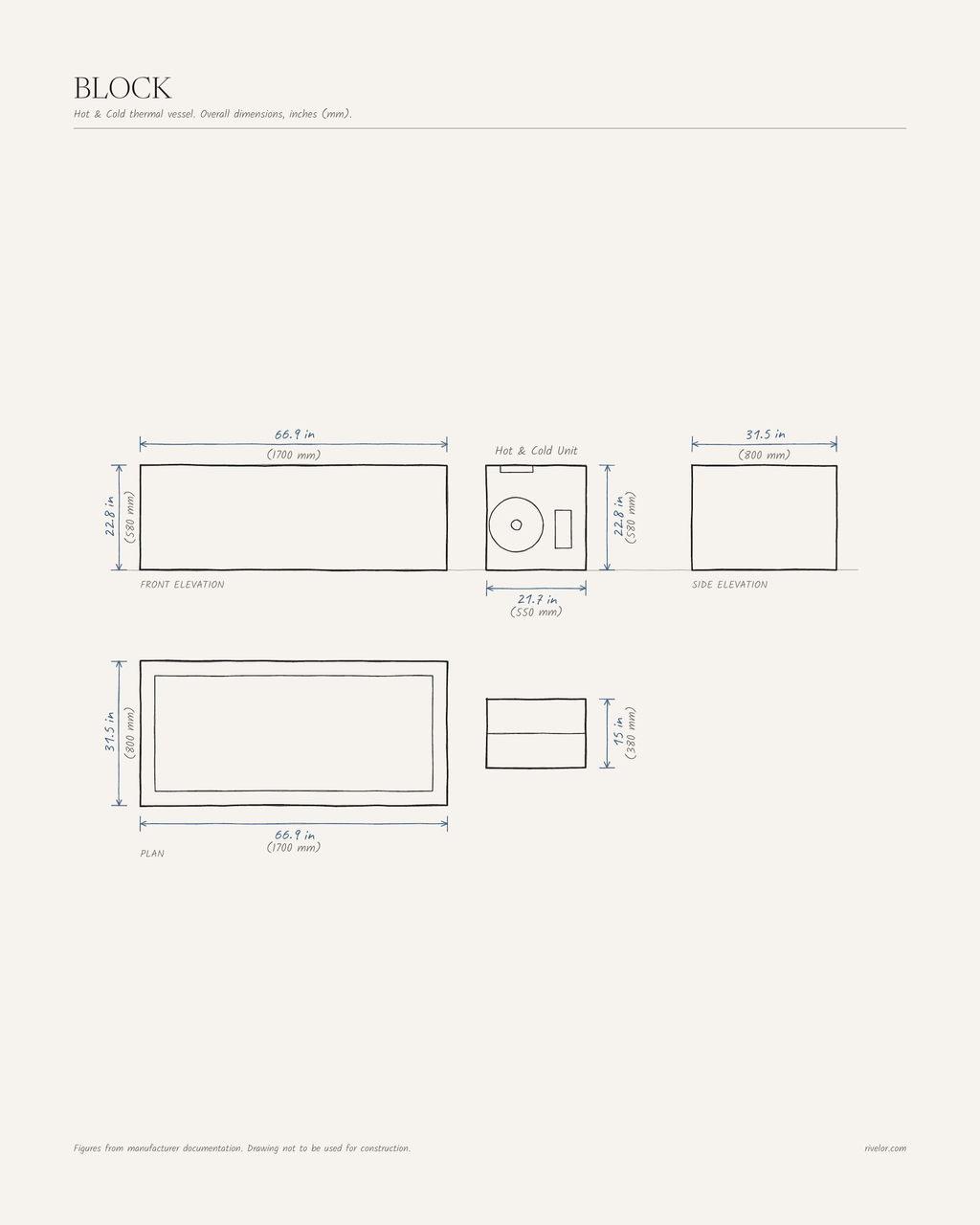 BLOCK dimensions: front, side and plan views, 66.9 × 31.5 × 22.8 in