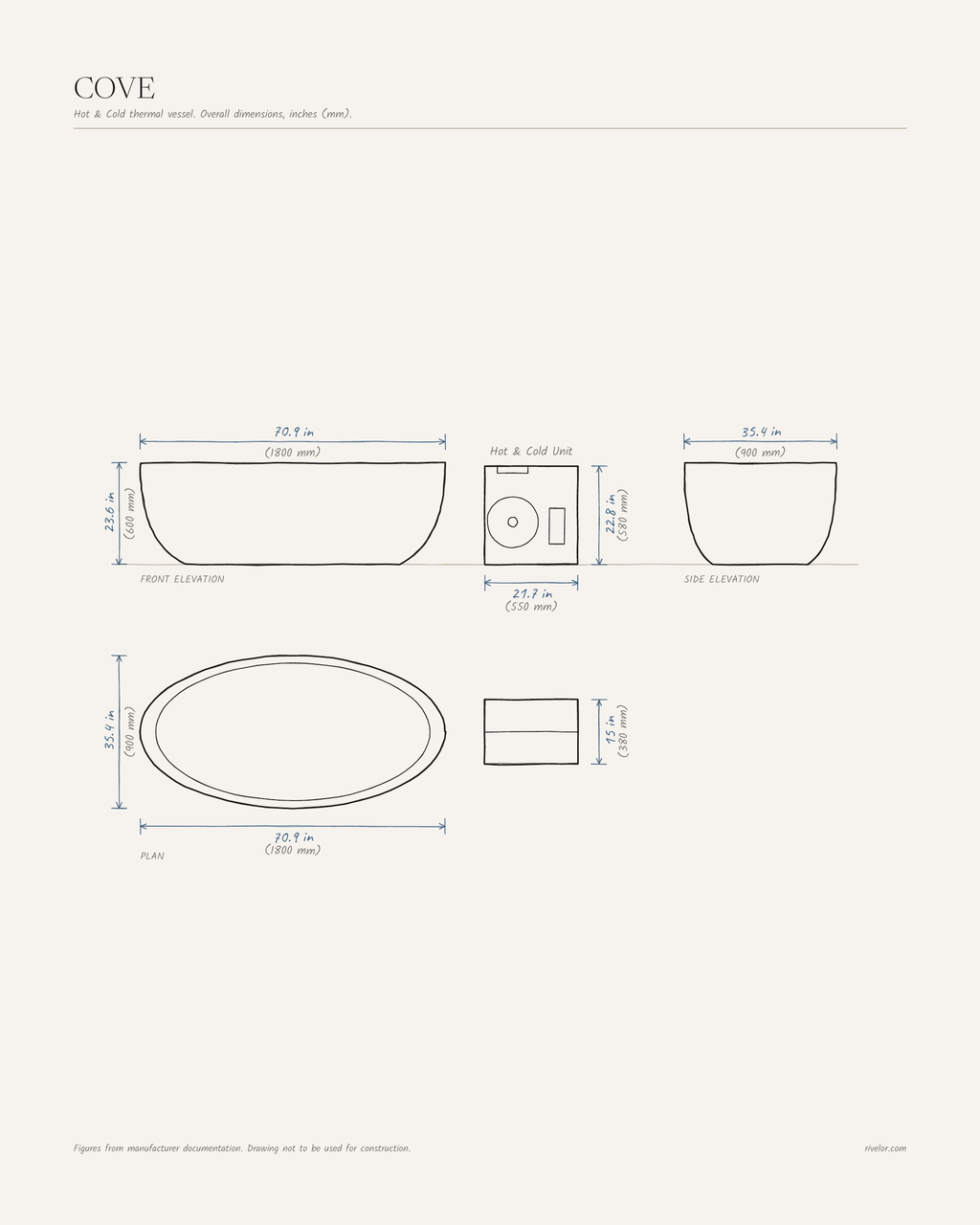COVE dimensions: front, side and plan views, 70.9 × 35.4 × 23.6 in