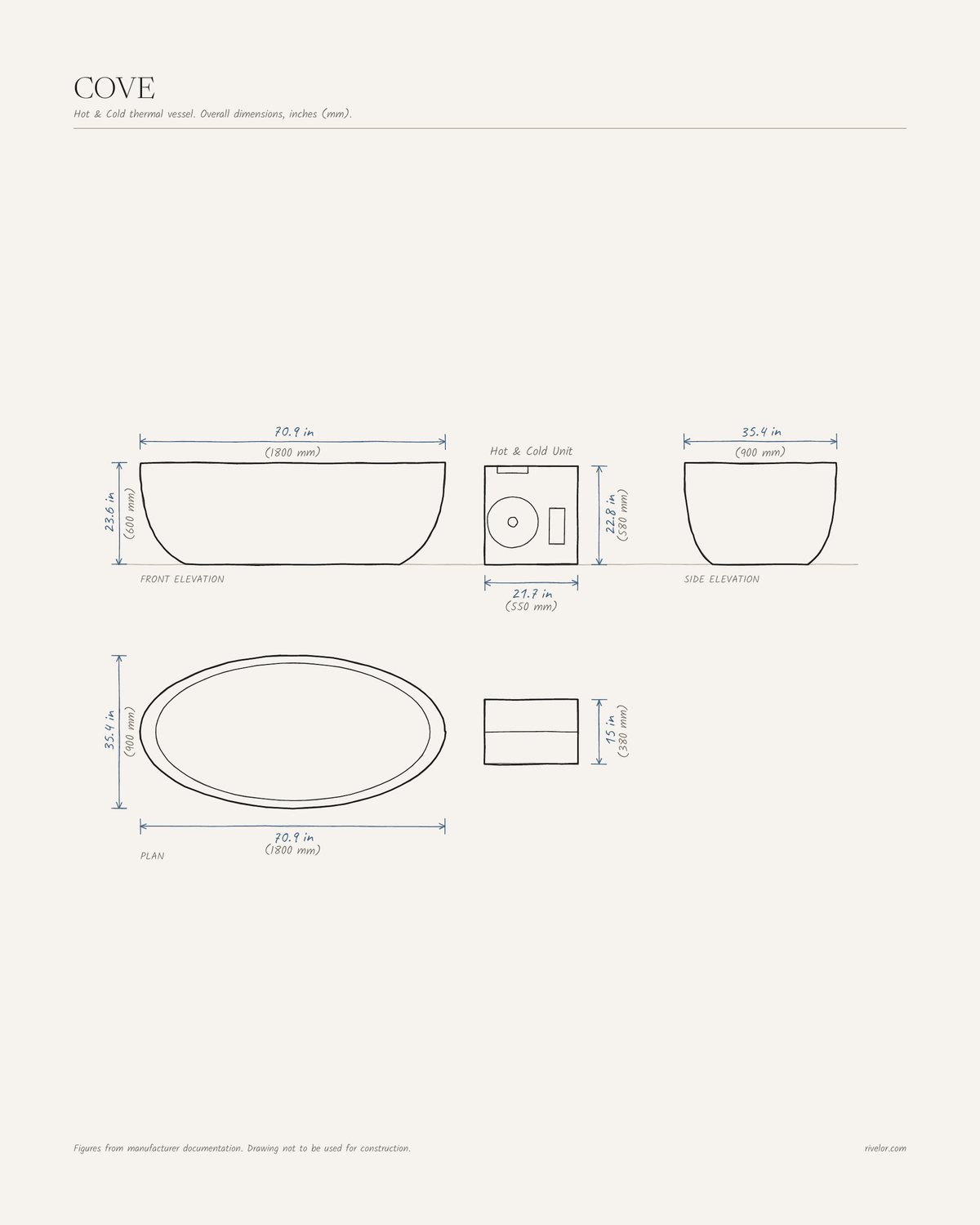 COVE dimensions: front, side and plan views, 70.9 × 35.4 × 23.6 in