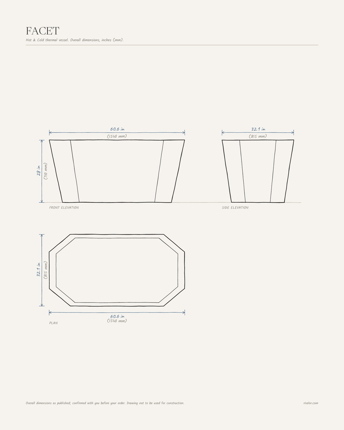 FACET dimensions: front, side and plan views, 60.6 × 32.1 × 28 in