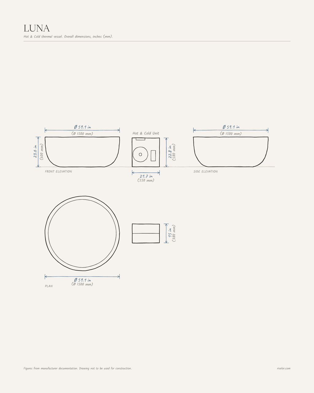 LUNA dimensions: front, side and plan views, Ø 59.1 × 23.6 in