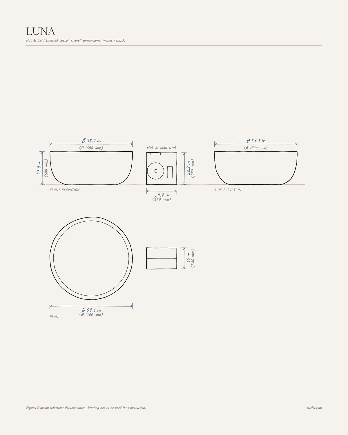 LUNA dimensions: front, side and plan views, Ø 59.1 × 23.6 in