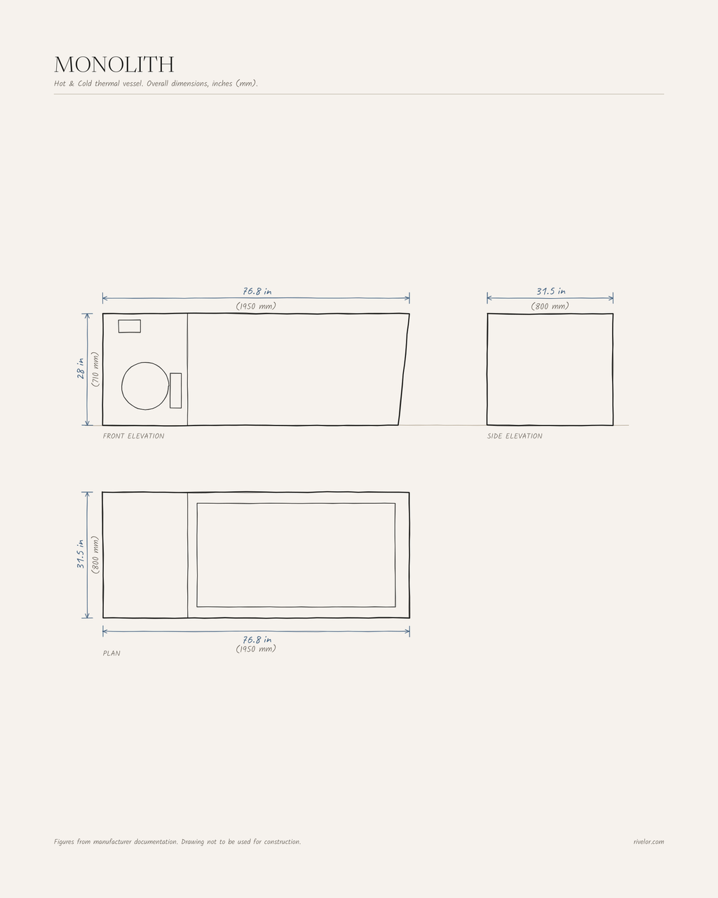 MONOLITH dimensions: front, side and plan views, 76.8 × 31.5 × 28 in
