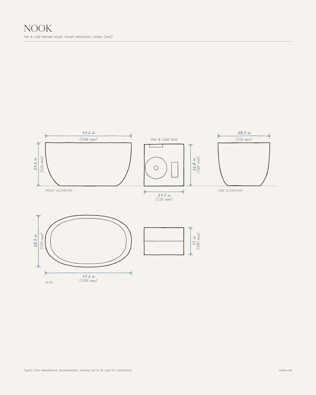 NOOK dimensions: front, side and plan views, 47.2 × 28.3 × 23.6 in