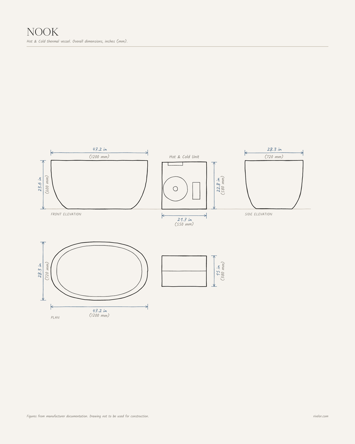NOOK dimensions: front, side and plan views, 47.2 × 28.3 × 23.6 in