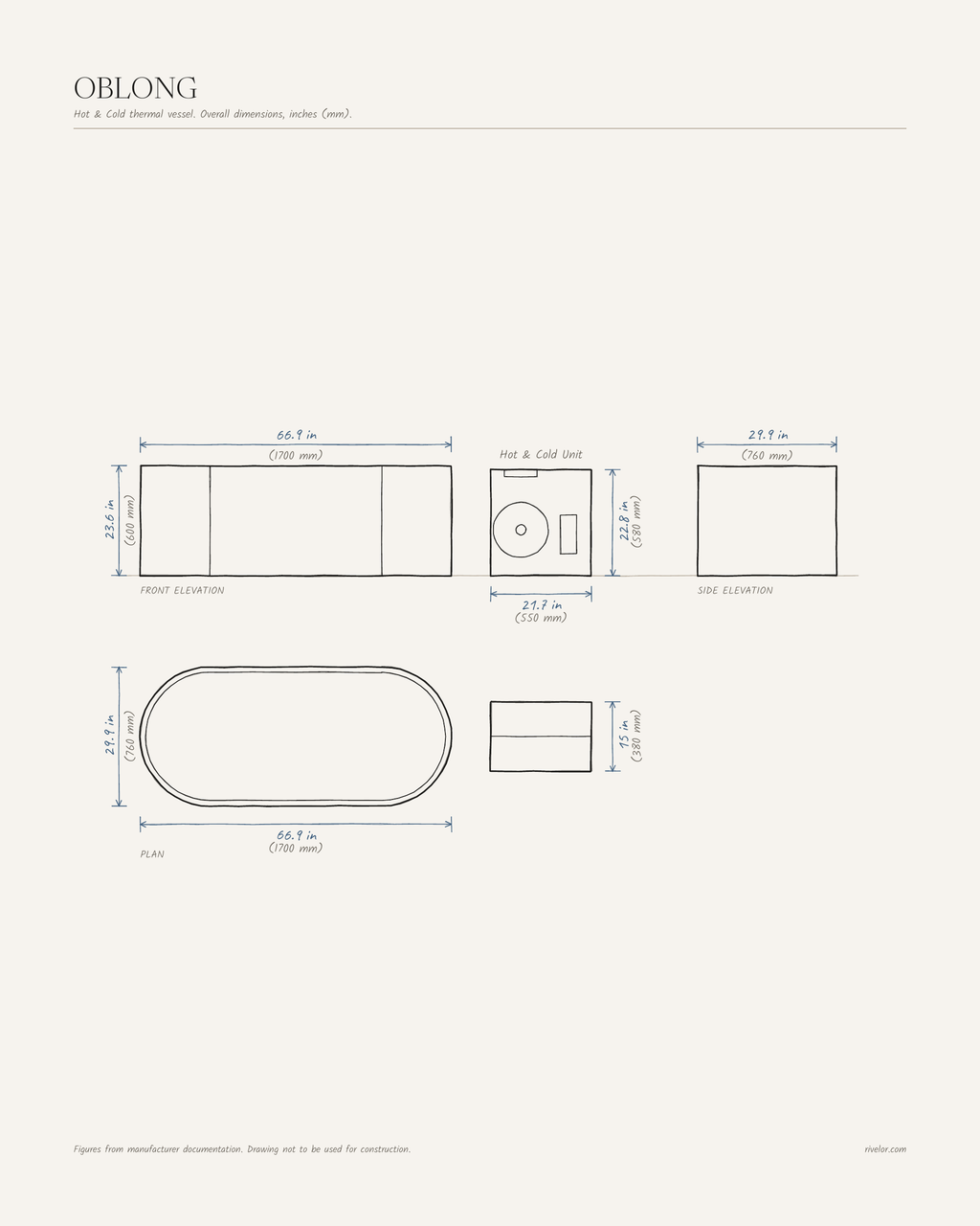 OBLONG dimensions: front, side and plan views, 66.9 × 29.9 × 23.6 in