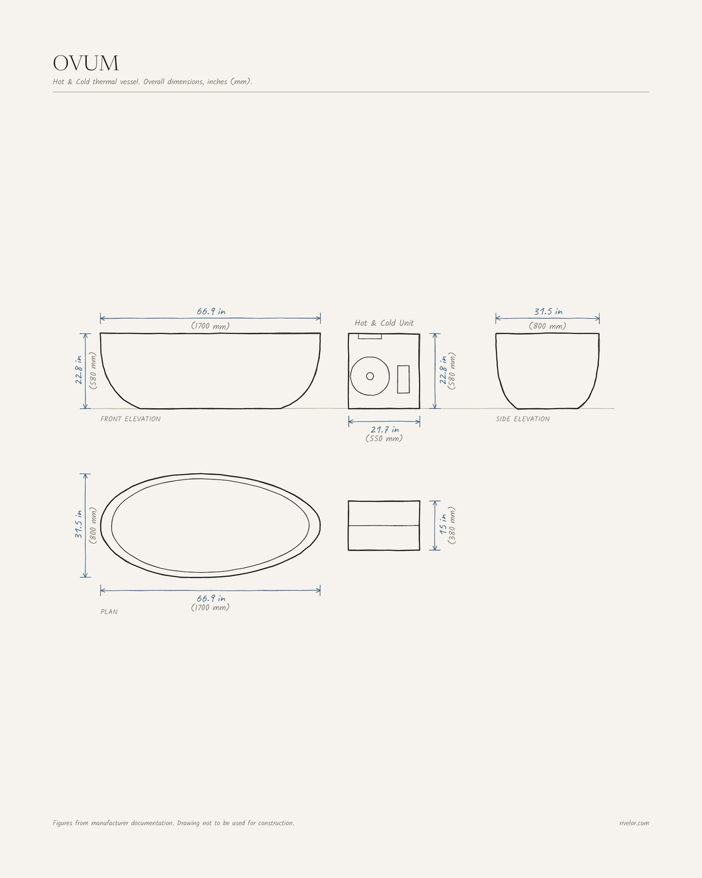 OVUM dimensions: front, side and plan views, 66.9 × 31.5 × 22.8 in