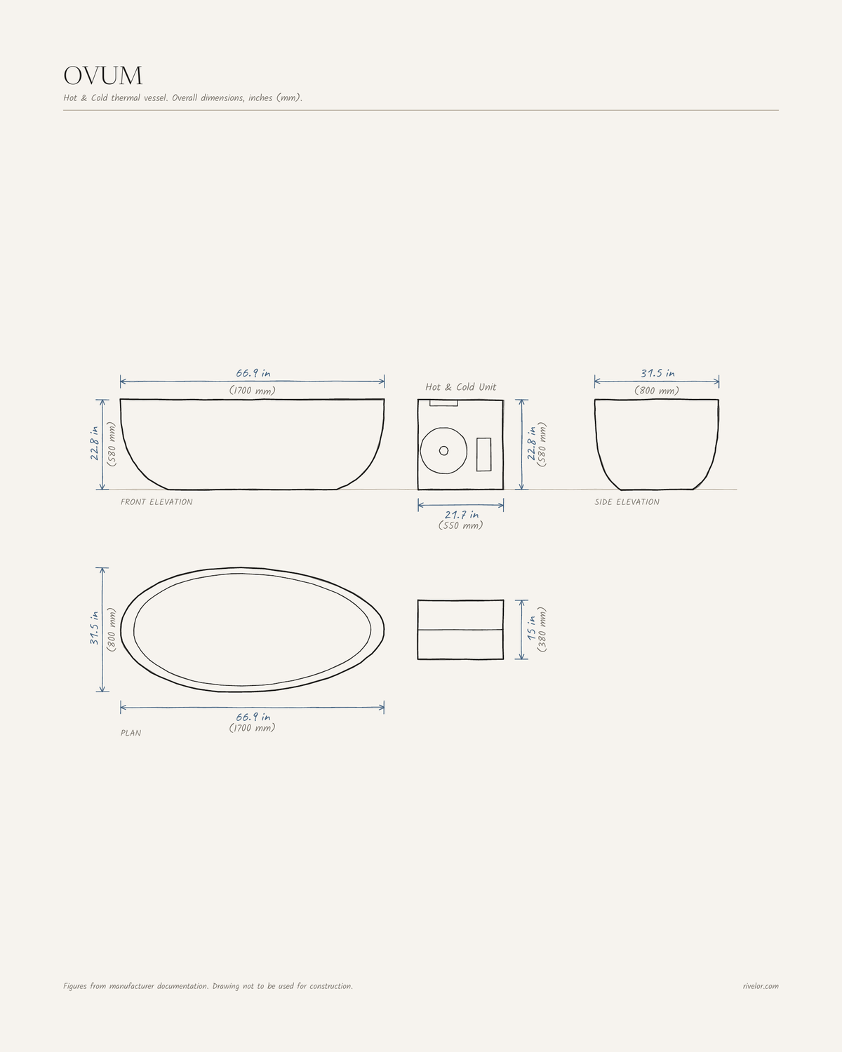 OVUM dimensions: front, side and plan views, 66.9 × 31.5 × 22.8 in