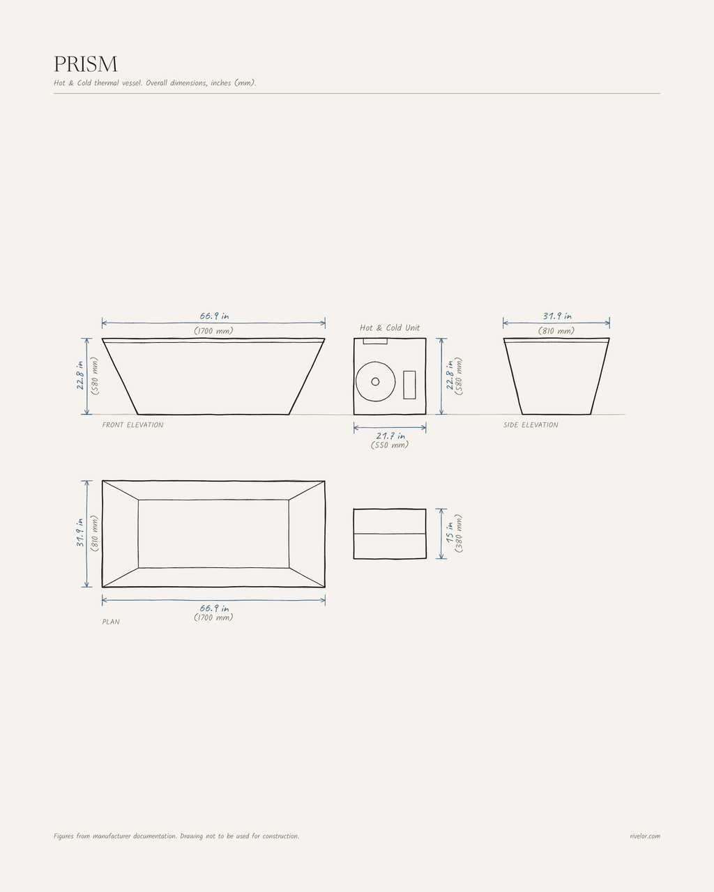 PRISM dimensions: front, side and plan views, 66.9 × 31.9 × 22.8 in