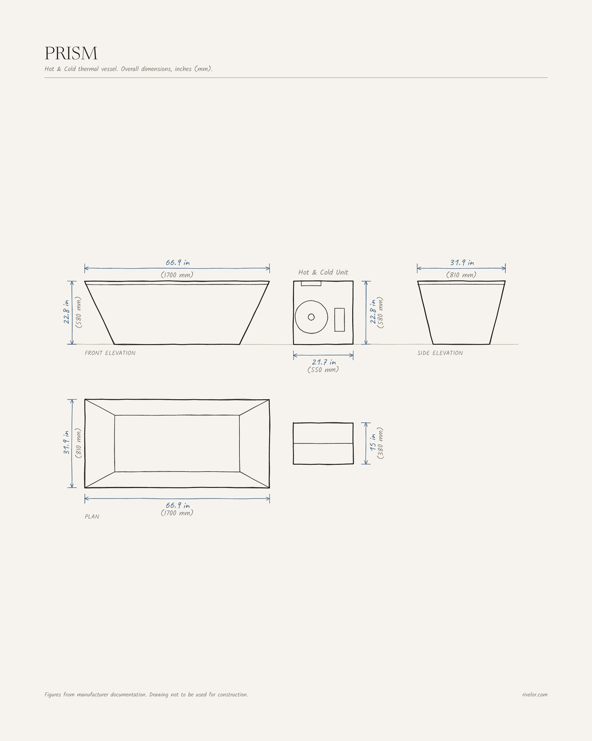 PRISM dimensions: front, side and plan views, 66.9 × 31.9 × 22.8 in