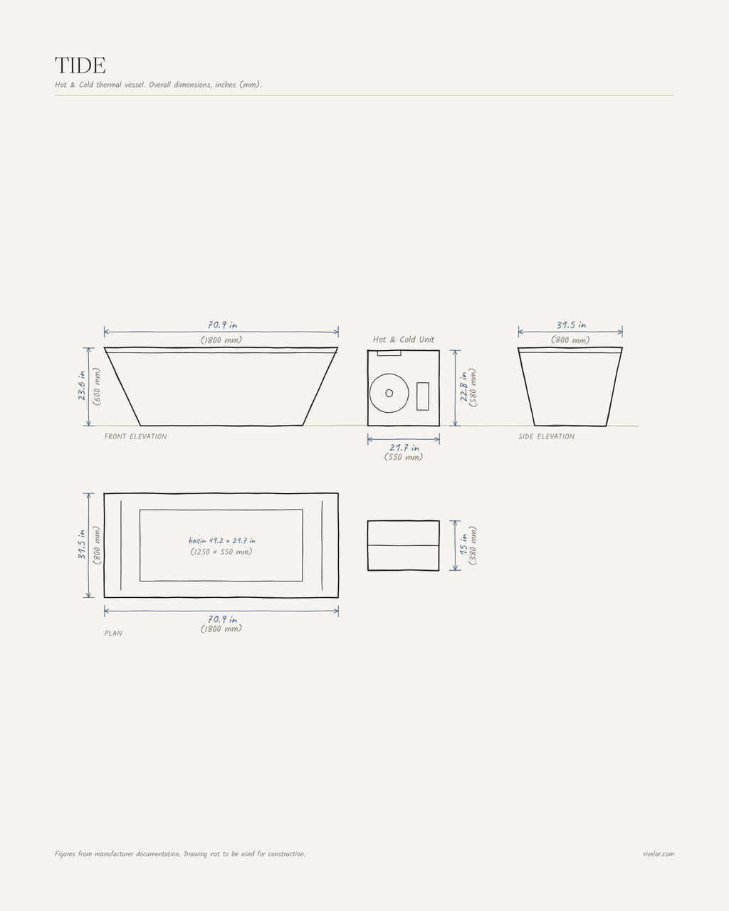 TIDE dimensions: front, side and plan views, 70.9 × 31.5 × 23.6 in