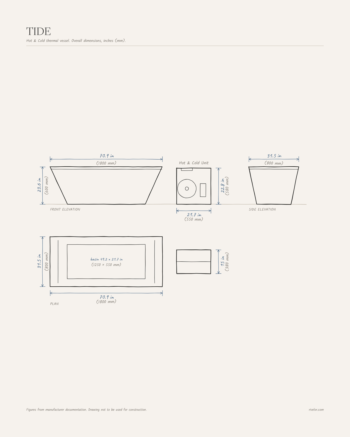 TIDE dimensions: front, side and plan views, 70.9 × 31.5 × 23.6 in