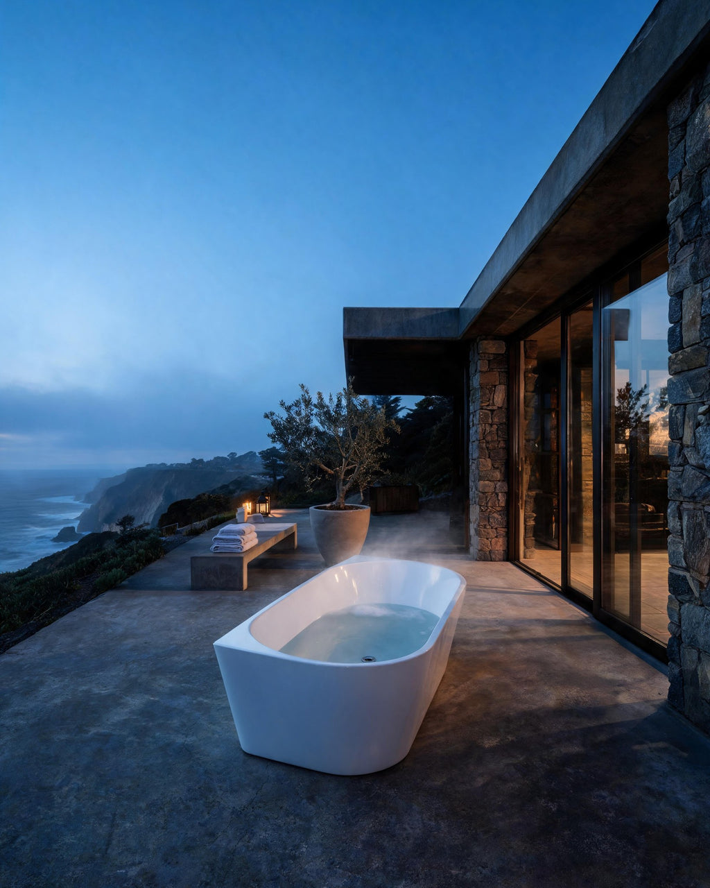 ALCOVE vessel in white acrylic set warm on a cliff-edge terrace at dusk, steam rising, the sea below