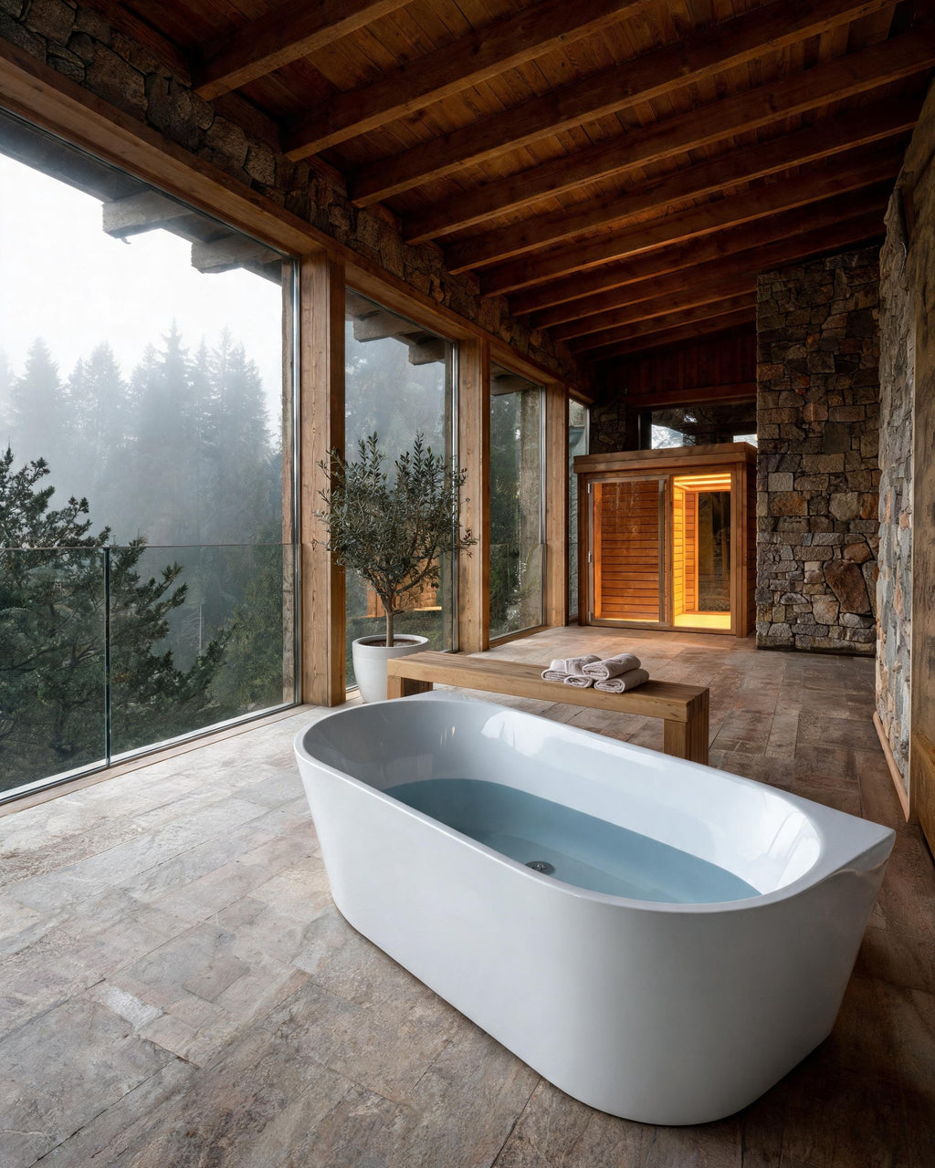 ALCOVE vessel filled with cold water in a timber and stone gallery facing a misty forest, a sauna beyond