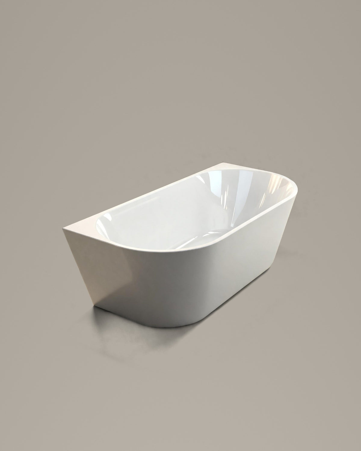 ALCOVE vessel, an oval with one straight side, in white acrylic, three-quarter view, on a warm grey studio background
