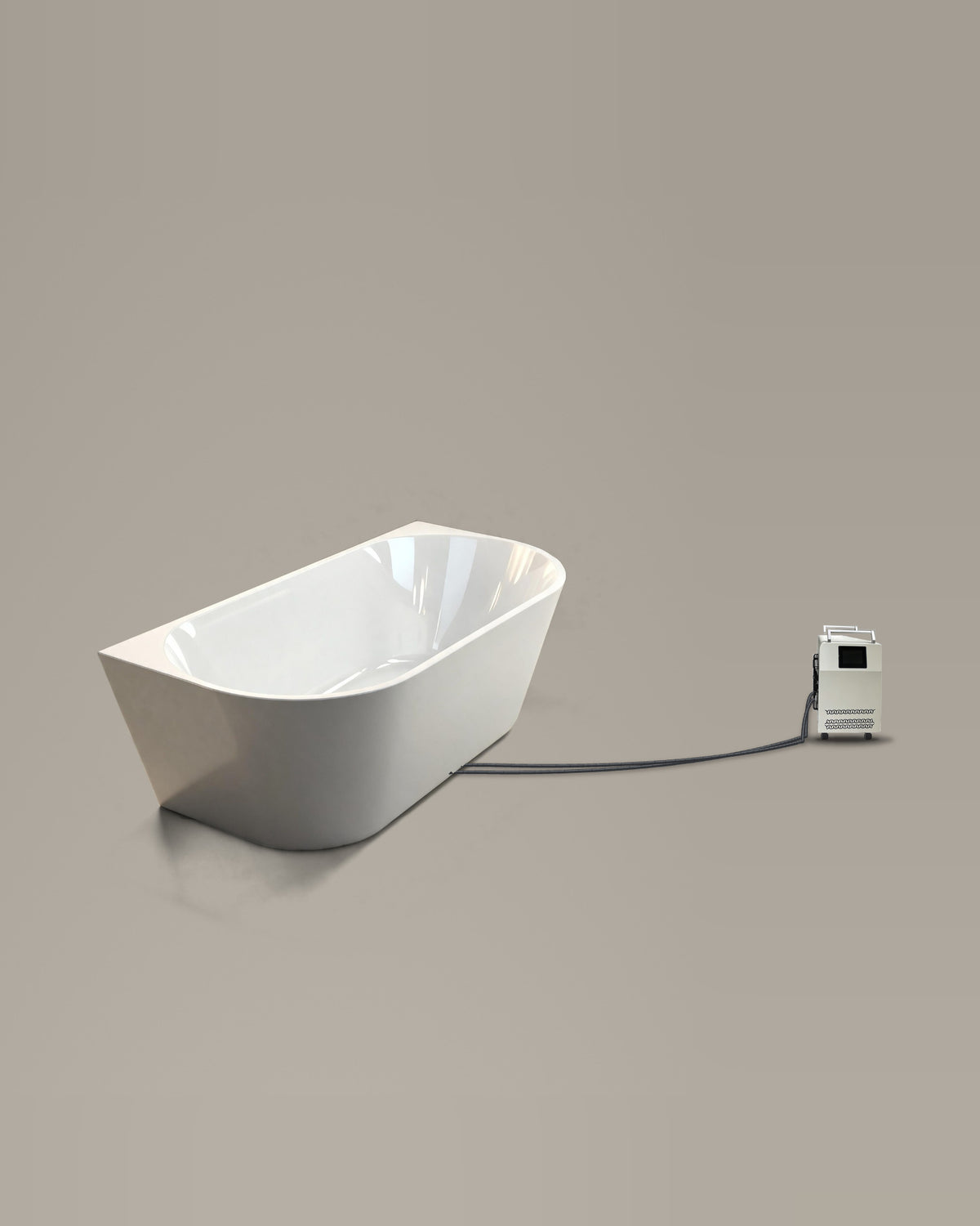White oval, one straight side, bathing vessel on a warm grey studio backdrop beside its Hot & Cold Unit, connected by two braided hoses