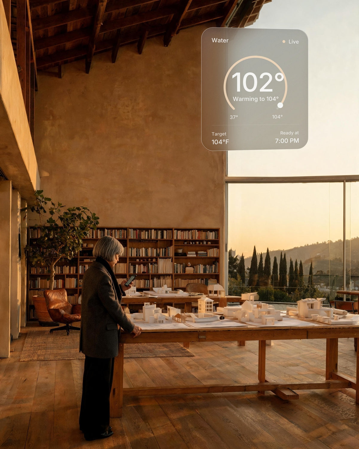 An architect in her glass-walled studio among white models warms her hot and cold vessel at home from her phone: 102°F, ready at 7:00 PM