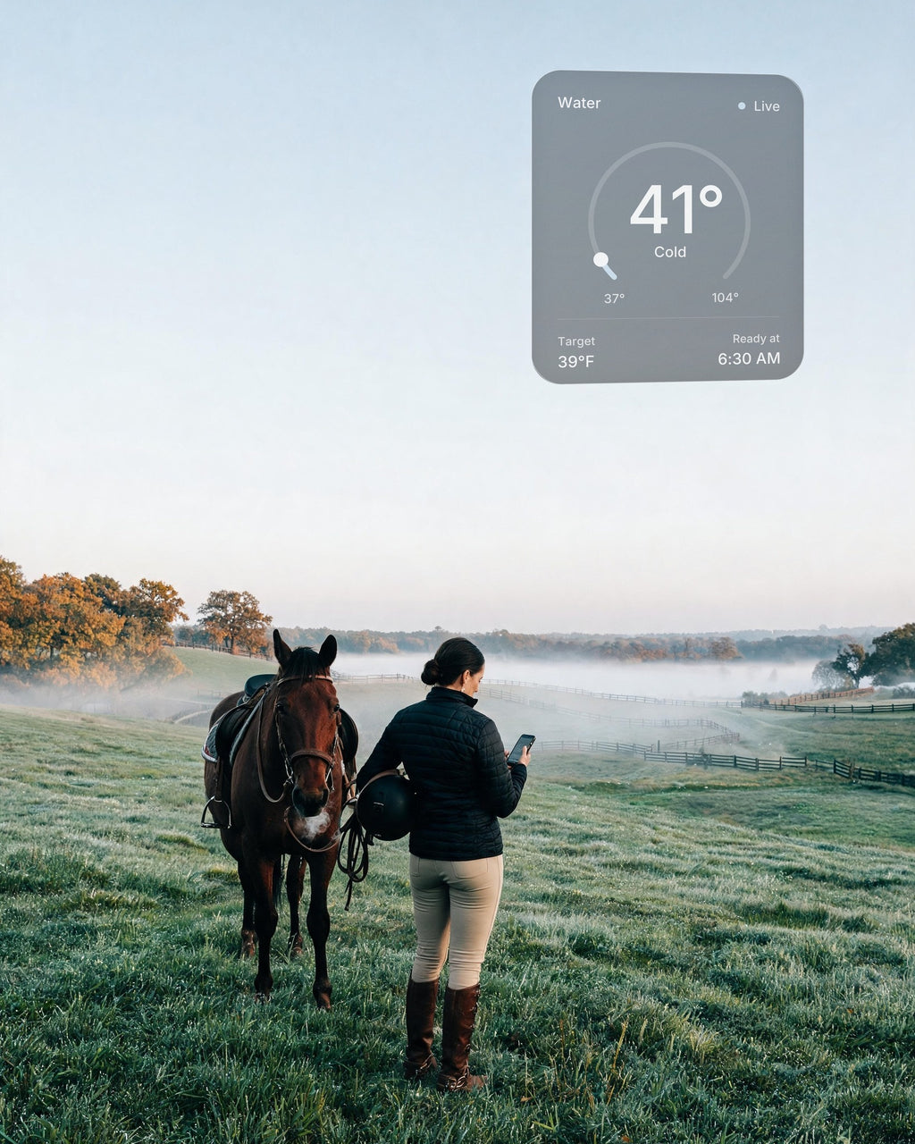 A woman at dawn in a misty Kentucky field, a horse beside her, checks the water of her hot and cold vessel at home on her phone: 41°F, ready at 6:30 AM