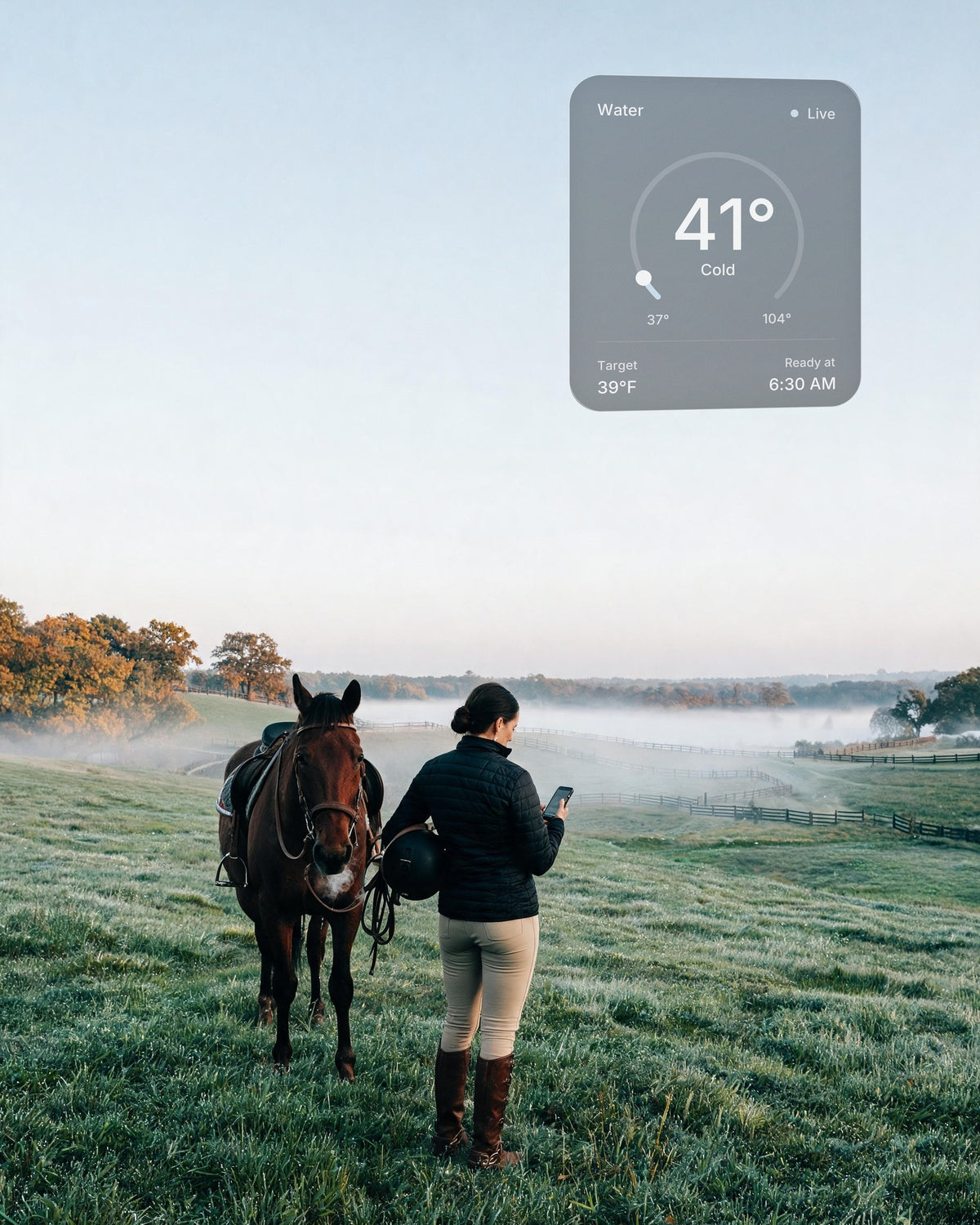 A woman at dawn in a misty Kentucky field, a horse beside her, checks the water of her hot and cold vessel at home on her phone: 41°F, ready at 6:30 AM
