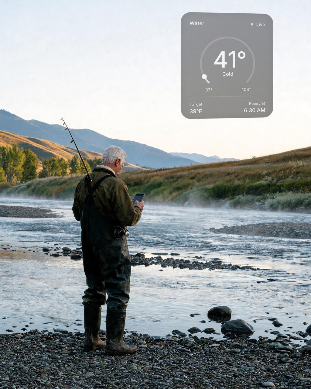 A fly fisherman on a Montana river at dawn checks the water of his hot and cold vessel at home on his phone: 41°F, ready at 6:30 AM