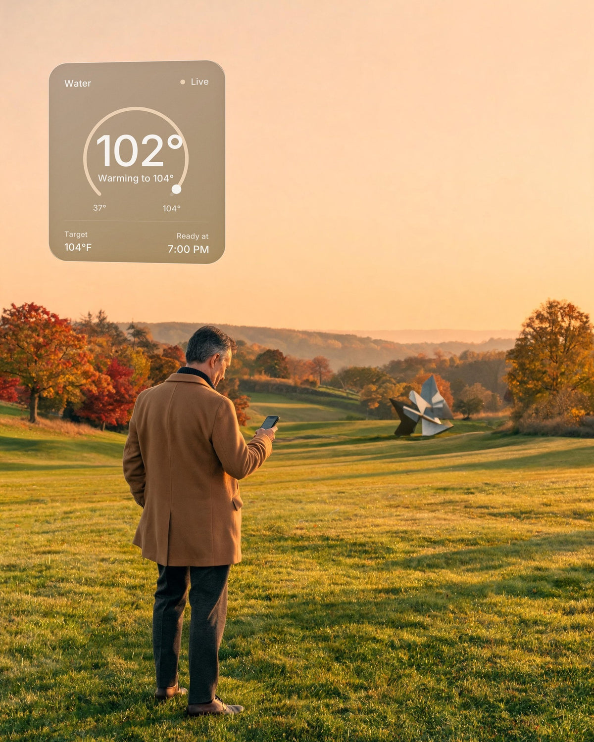 A man in a sculpture park at autumn sunset warms his hot and cold vessel at home from his phone: 102°F, ready at 7:00 PM