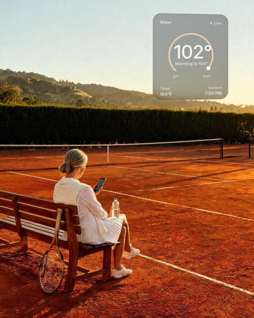 A woman on a clay tennis court at sunset warms her hot and cold vessel at home from her phone: 102°F, warming to 104°F, ready at 7:00 PM
