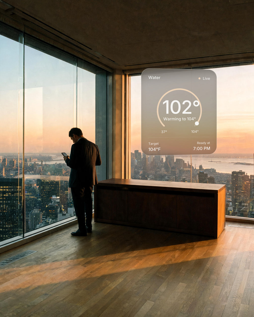 A man in a high-rise at sunset sets the water from his phone: 102°F, warming to 104°F, ready at 7:00 PM