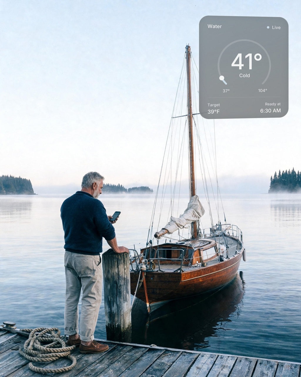 A man on a jetty beside a wooden sloop at dawn checks the water of his hot and cold vessel at home on his phone: 41°F, ready at 6:30 AM