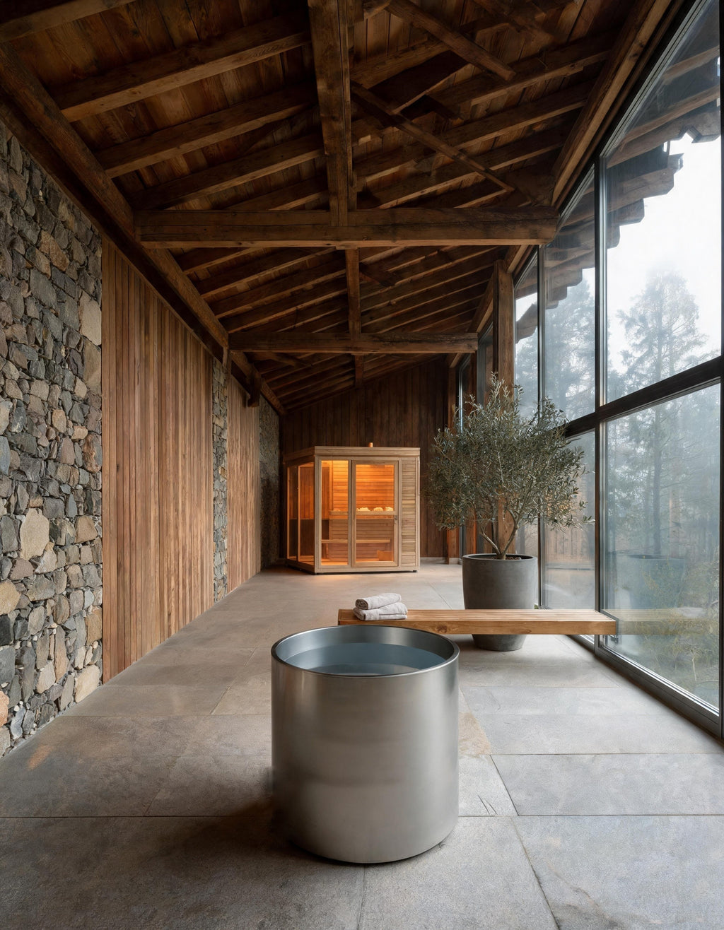 AURUM cylindrical vessel in Satin Steel with cold water in a stone and timber gallery, a sauna beyond