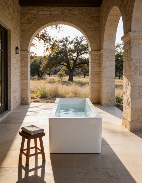 BLOCK rectangular vessel in white acrylic with cold water on a limestone loggia, seen from its end, oak trees through the arches