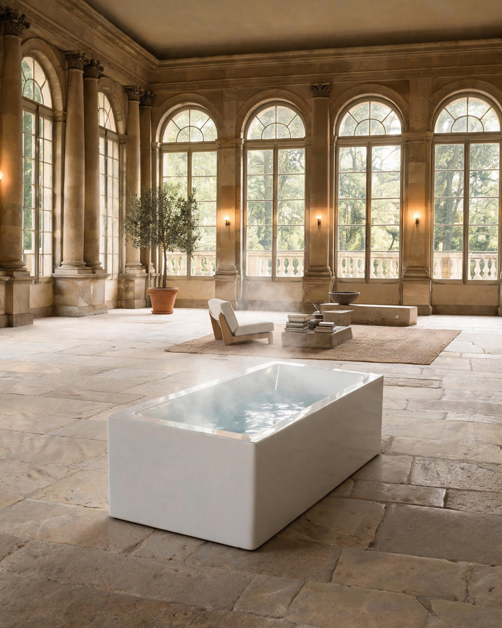 BLOCK rectangular vessel in white acrylic set warm in a stone hall with arched windows, light steam