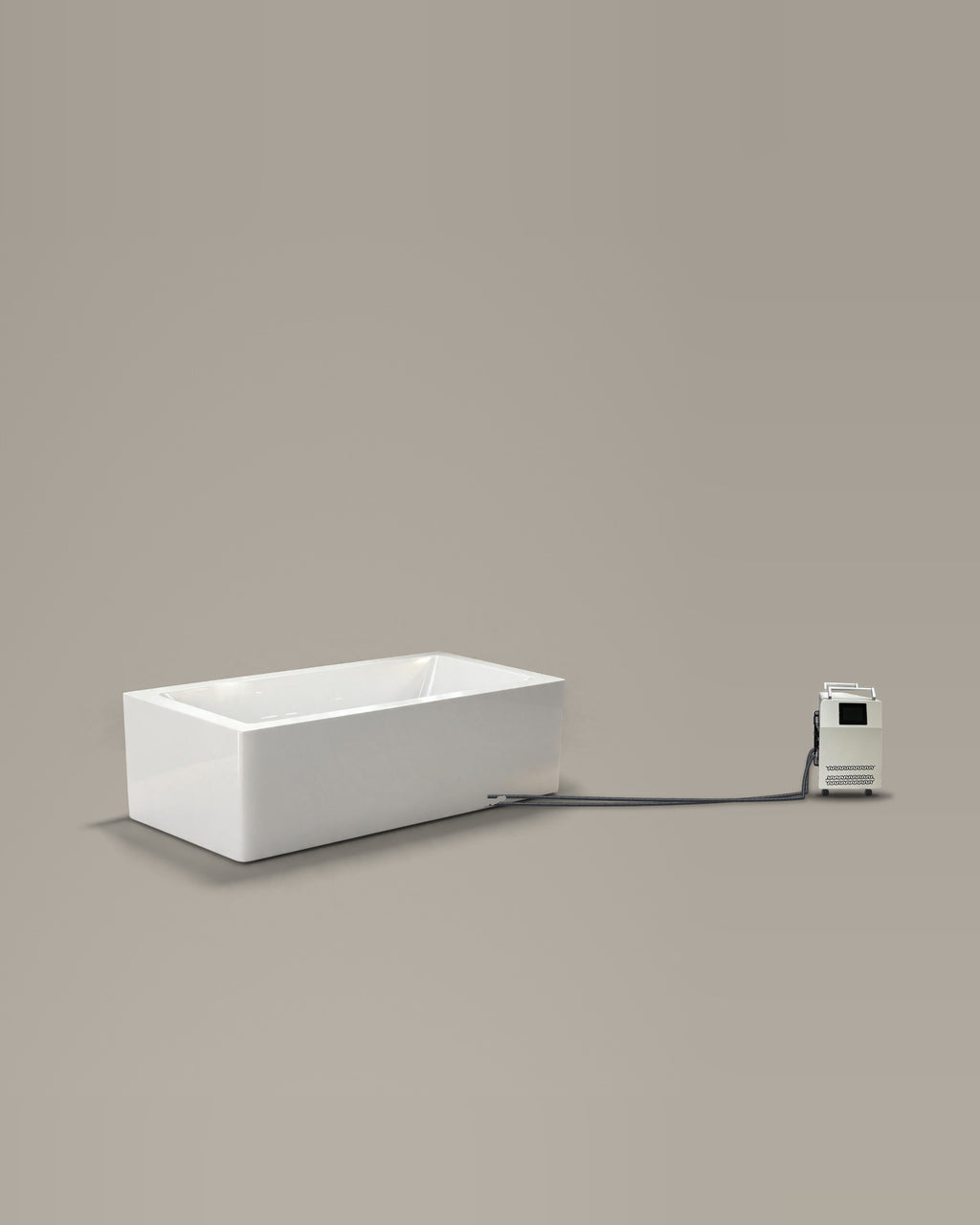 White rectangular bathing vessel on a warm grey studio backdrop beside its Hot & Cold Unit, connected by two braided hoses