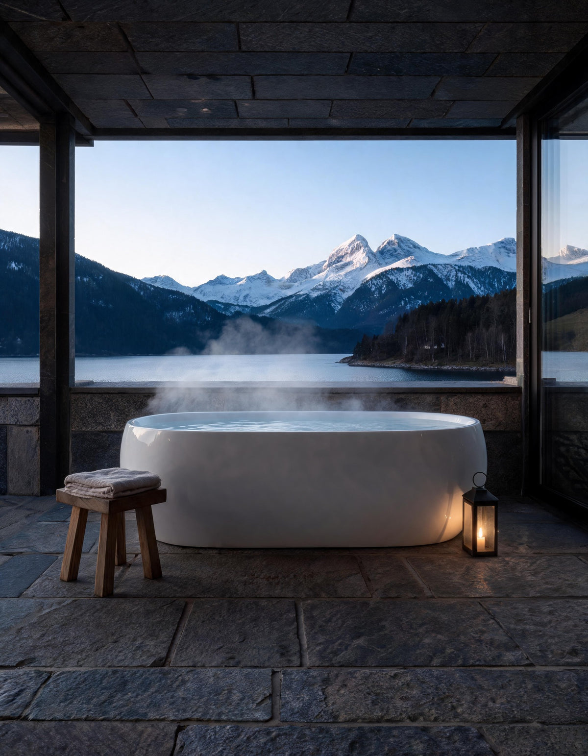 White oval freestanding bathing vessel with gentle steam on a mountain terrace at blue dusk, a lantern and a wooden stool beside it