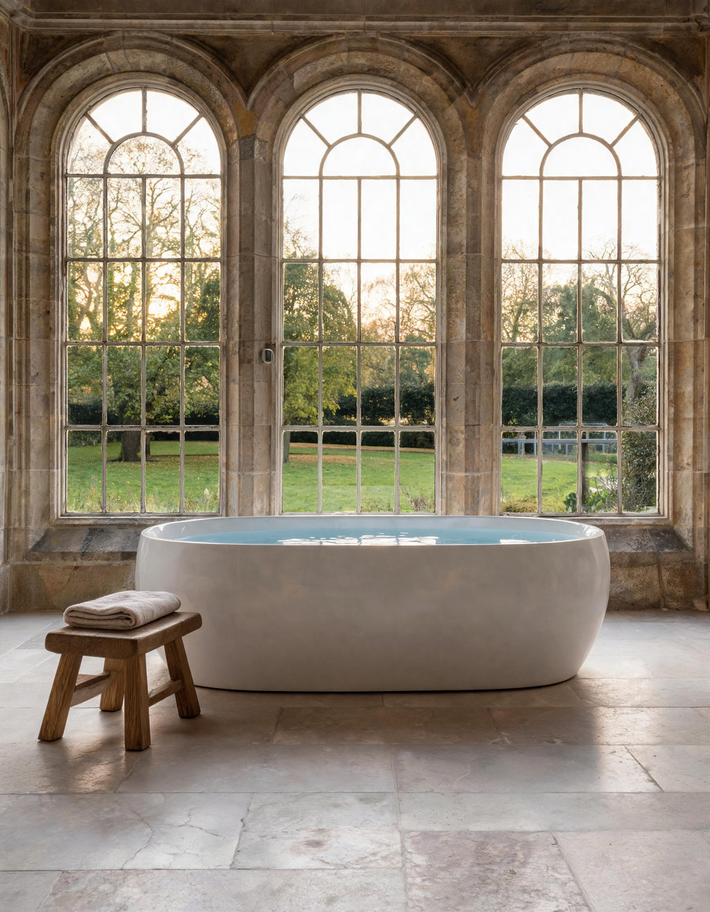 White oval freestanding bathing vessel in a stone orangery with arched windows onto a garden, a wooden stool and linen towel beside it