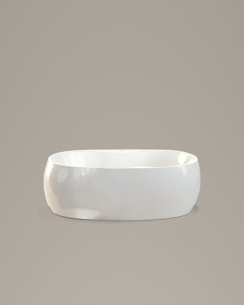 COVE oval vessel in white acrylic, side view, on a warm grey studio background