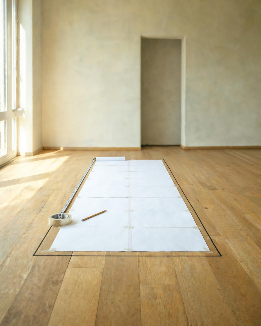 A full-size paper footprint of a vessel taped to an oak floor in an empty room, a pencil and tape beside it