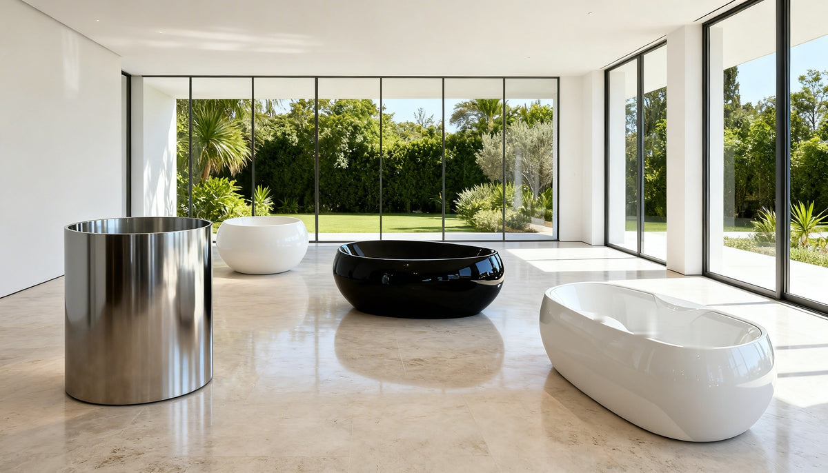 Four vessels in white acrylic and Satin Steel in a bright, glass-walled room opening onto a garden