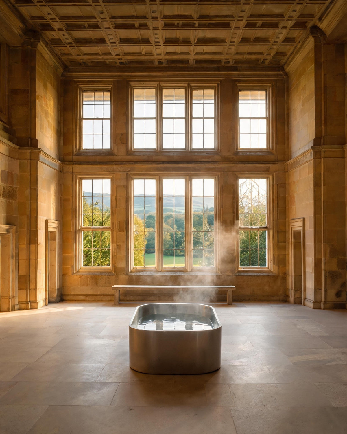 OBLONG vessel in Satin Steel, steam rising, in a tall Georgian stone room with golden evening light