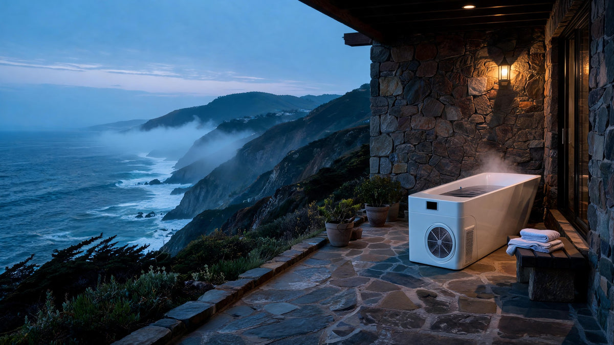 MONOLITH on a covered stone terrace above the Pacific at dusk, steam rising from the water