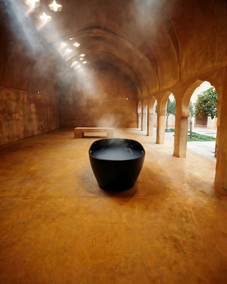 Black OVUM vessel at the center of a vaulted plaster room, steam rising