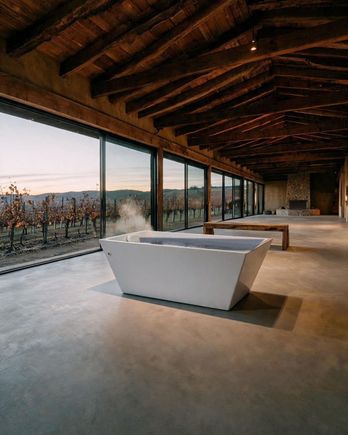 TIDE vessel with a veil of steam in a long timber pavilion above the vineyards, at sunset