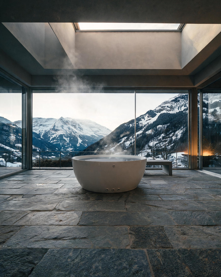 Round LUNA vessel under a skylight, facing a wall of glass and snowy peaks