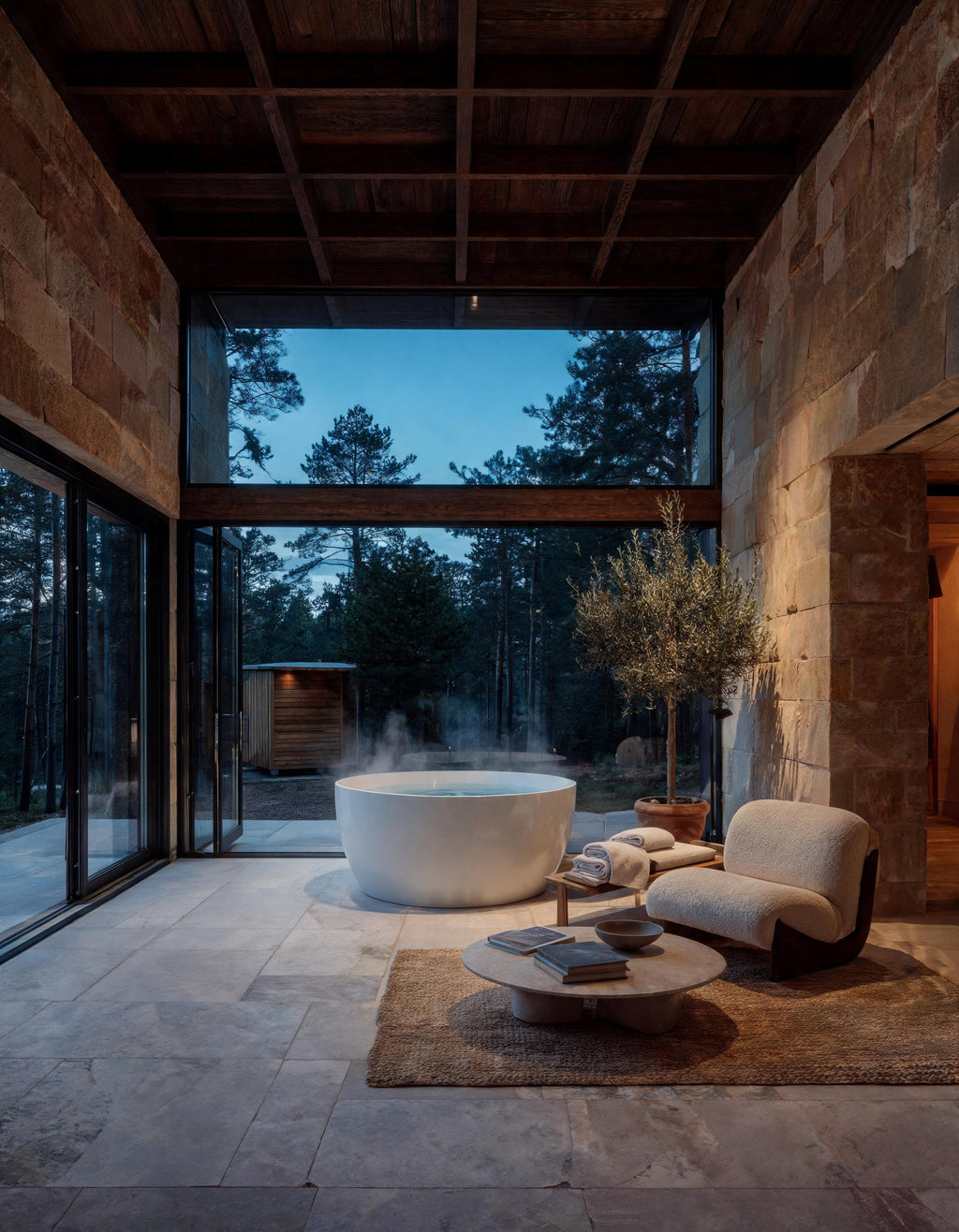 LUNA round vessel in white acrylic set warm in a stone and timber pavilion at blue hour, steam rising, a bouclé armchair beside it
