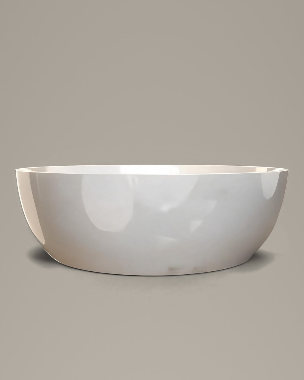 LUNA round vessel in white acrylic, three-quarter view, on a warm grey studio background